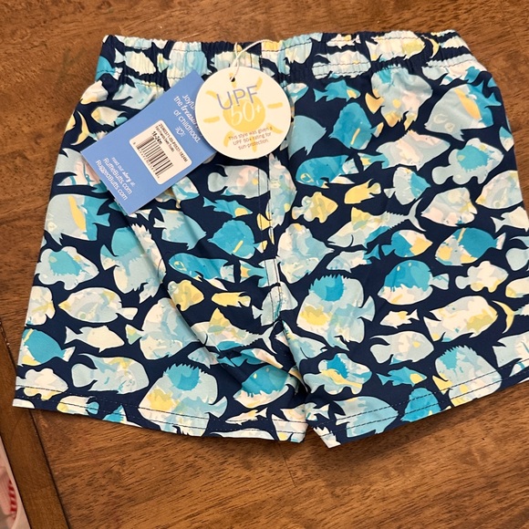 Ruffle Butts Blue and Yellow Fish Friends Swim Trunks - Picture 4 of 5